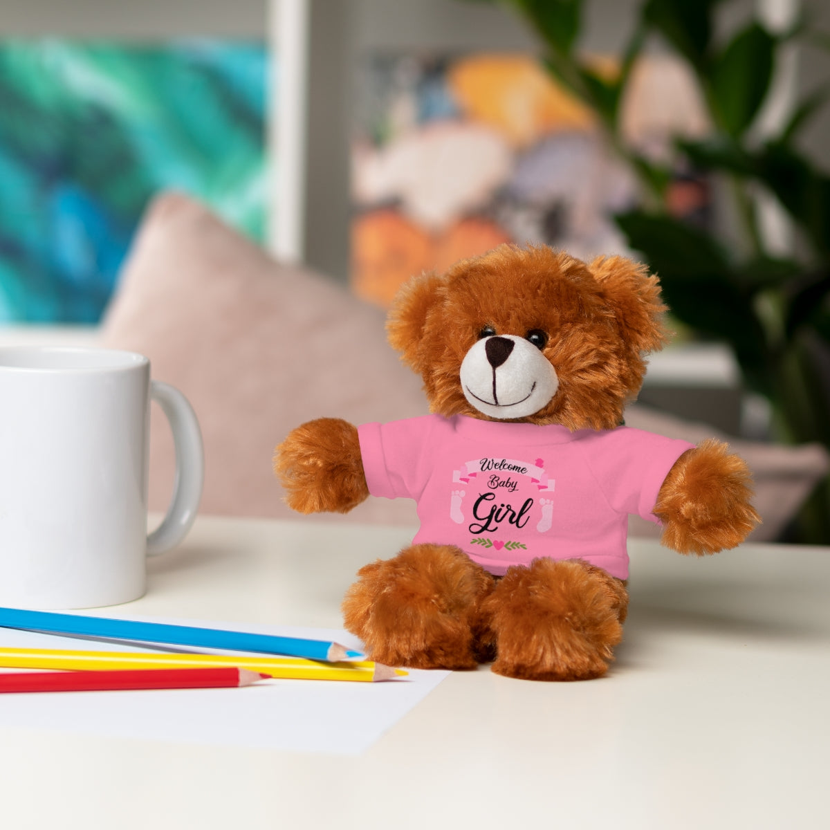 Welcome Baby Girl Stuffed Animals (Bear, Bunny, Jaguar, Lion, Panda, Sheep) with Tee