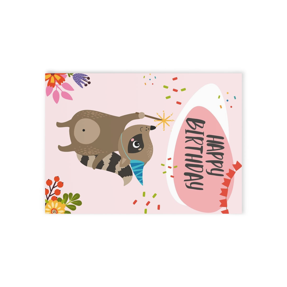 Happy Birthday Racoon with Sparkles & Flowers Card