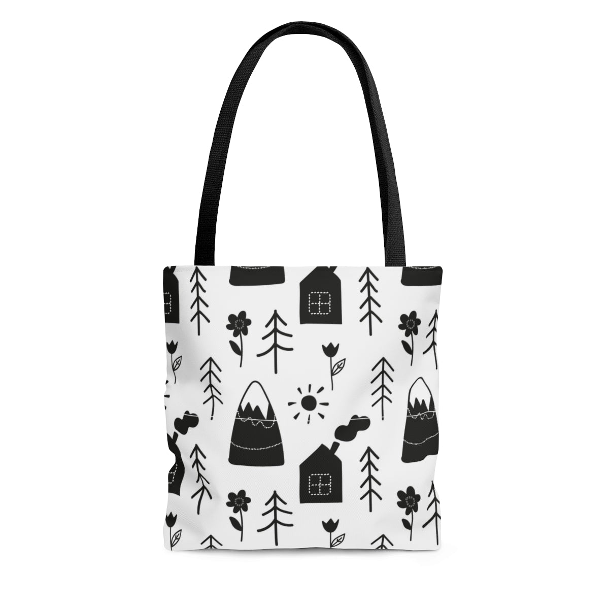 Mountains Cabins & Trees Black & White Scandi Christmas Tote Bag