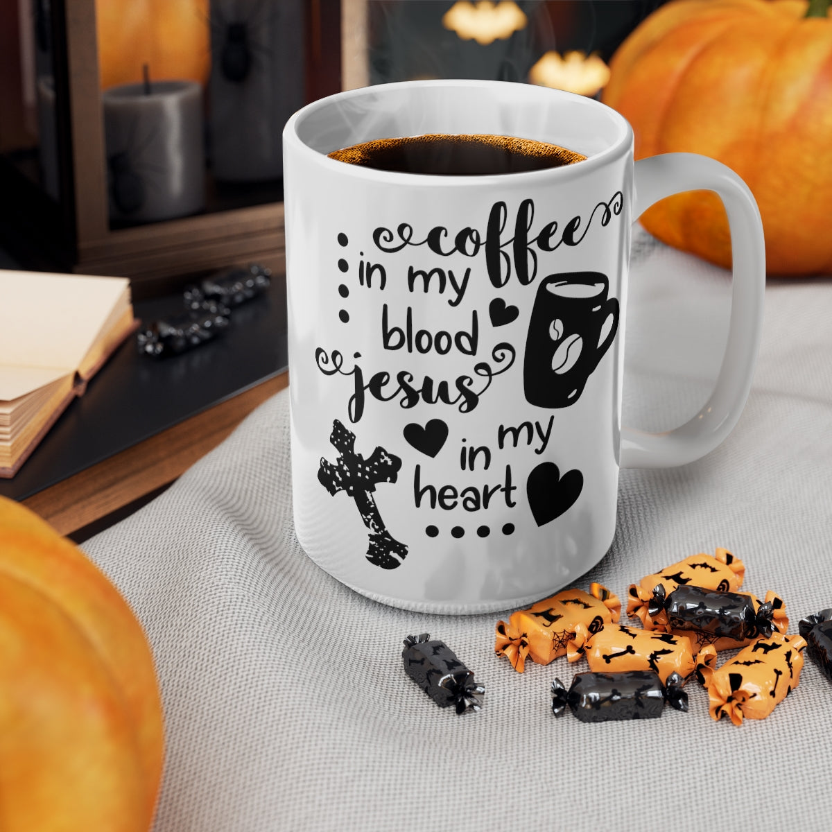 Coffee In My Blood Jesus in My Heart Ceramic Coffee Cups, 11oz, 15oz