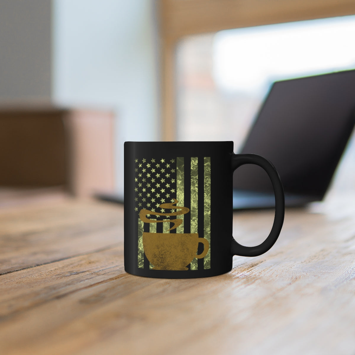 Black & Gold American Flag with Coffee Cup11oz Black Mug