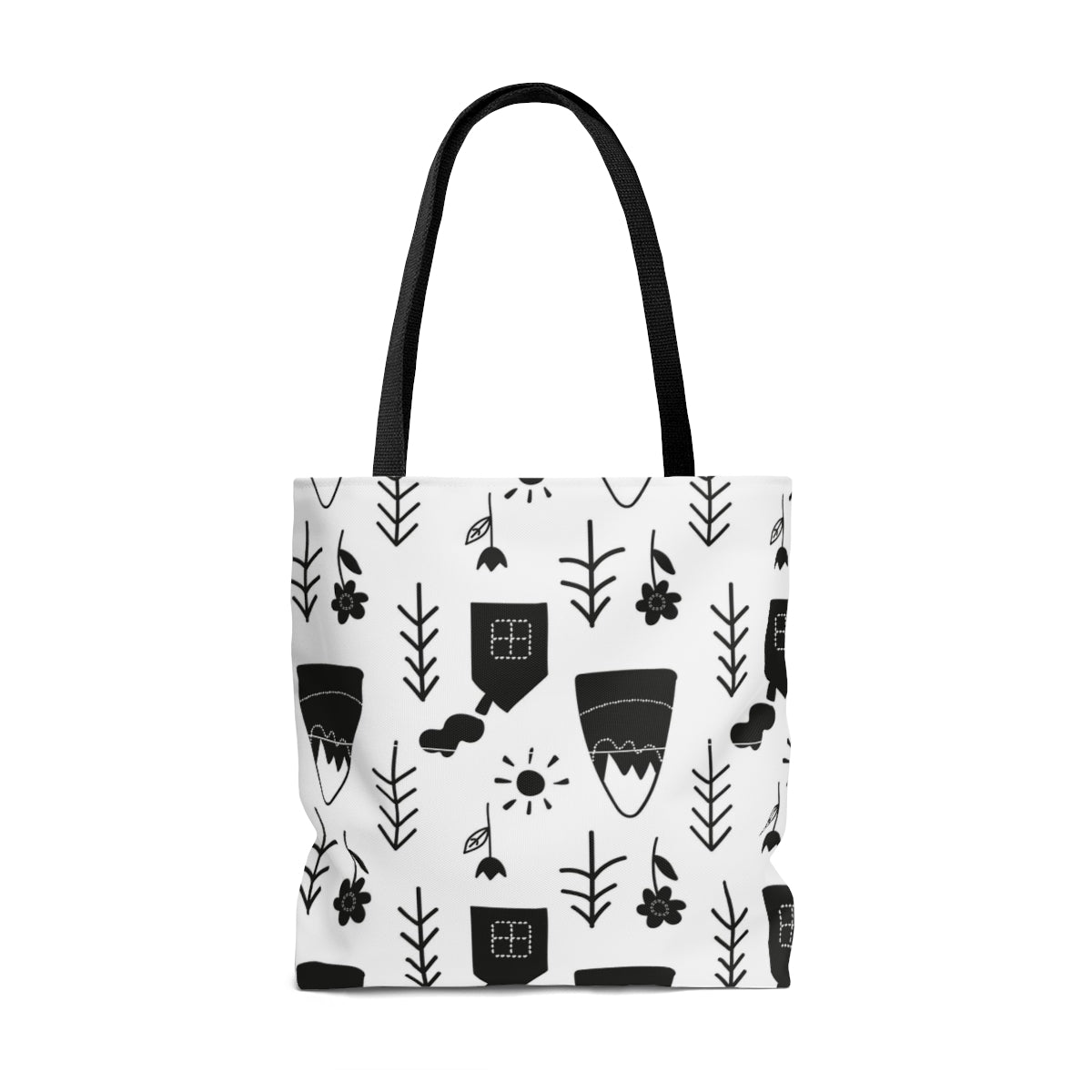 Mountains Cabins & Trees Black & White Scandi Christmas Tote Bag