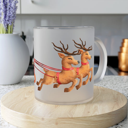 Santa Sleigh & Reindeer Frosted Glass Mug