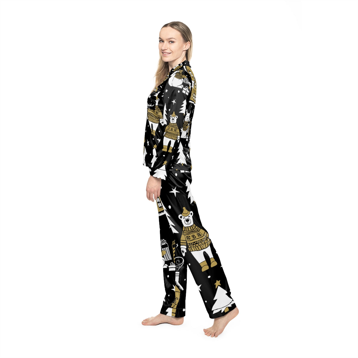 Black & Gold Christmas Women's Satin Pajamas (AOP)