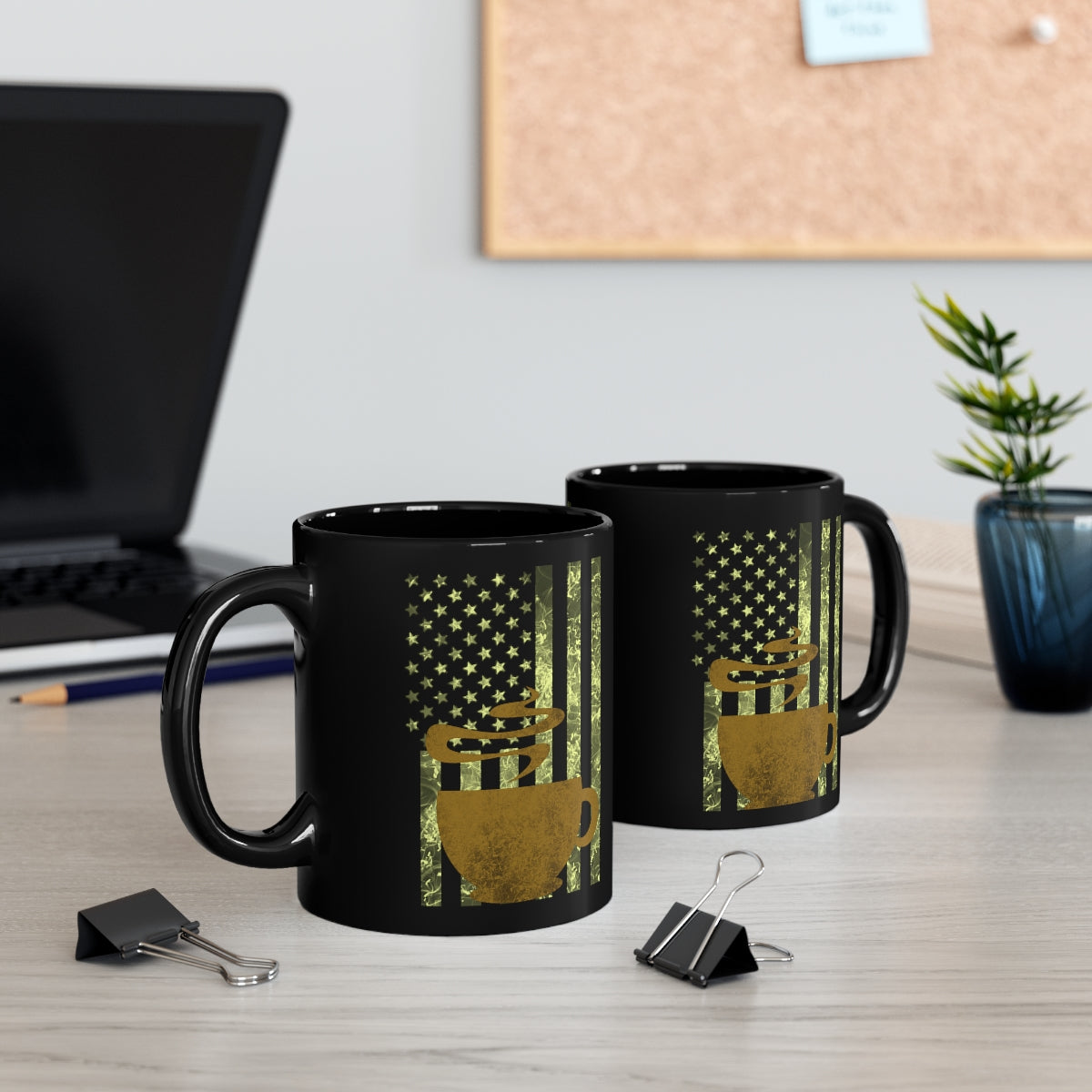 Black & Gold American Flag with Coffee Cup11oz Black Mug