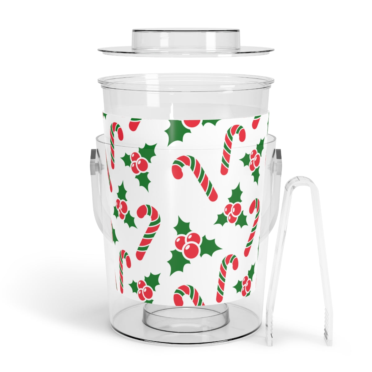 Candy Cane & Holly Christmas Ice Bucket with Tongs