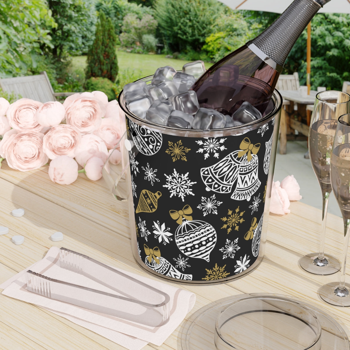 Black & Gold Christmas Ice Bucket with Tongs