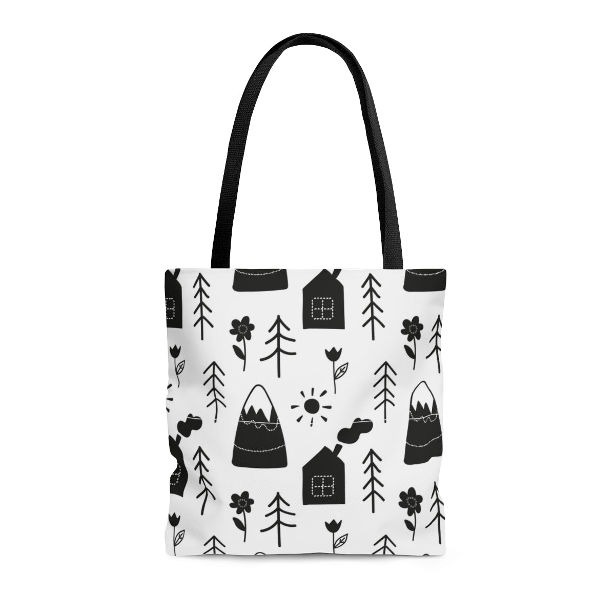 Mountains Cabins & Trees Black & White Scandi Christmas Tote Bag