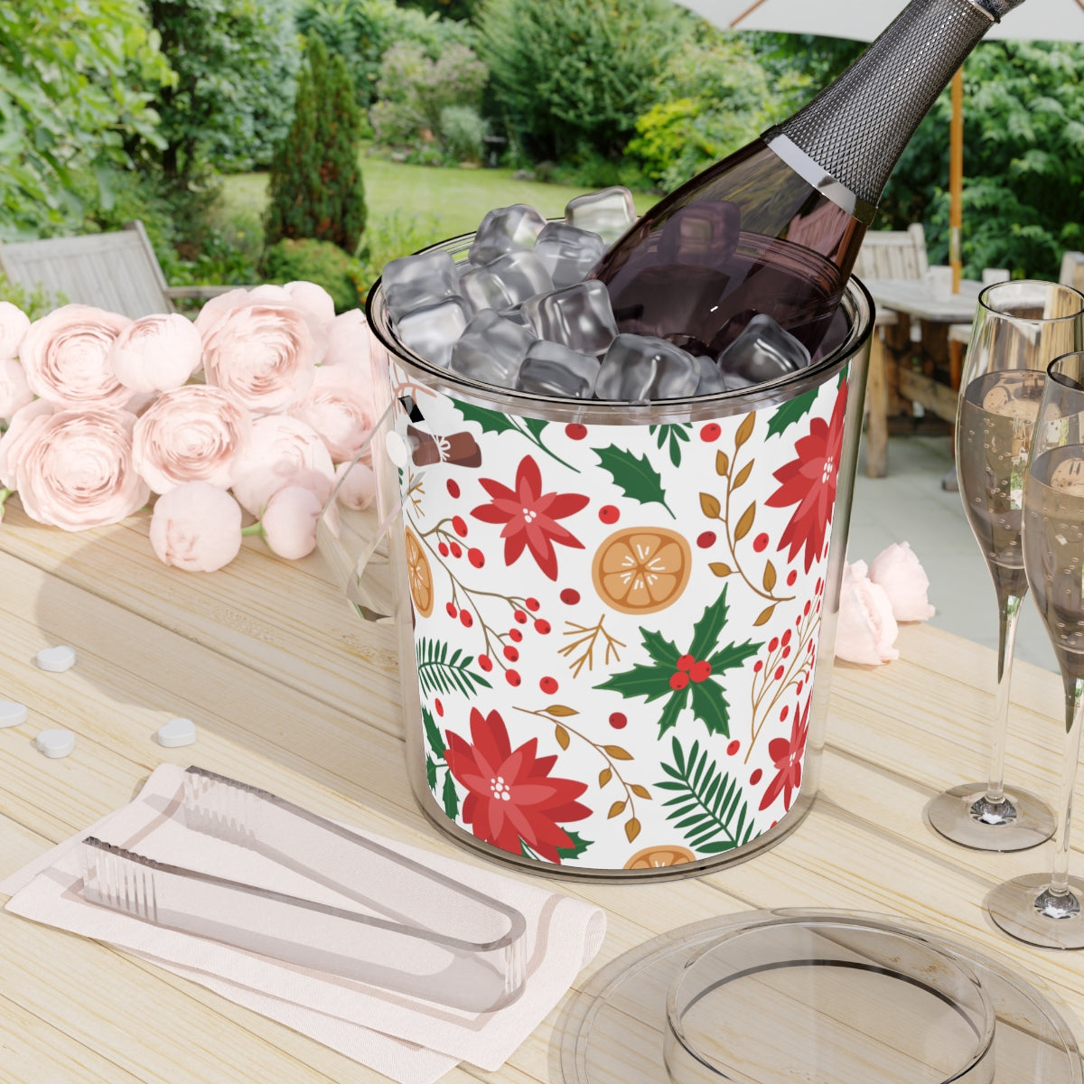 Christmas Flowers Ice Bucket with Tongs