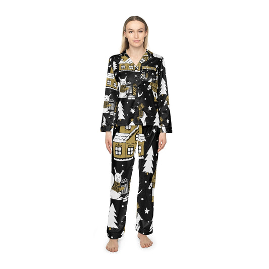 Black & Gold Christmas Women's Satin Pajamas (AOP)