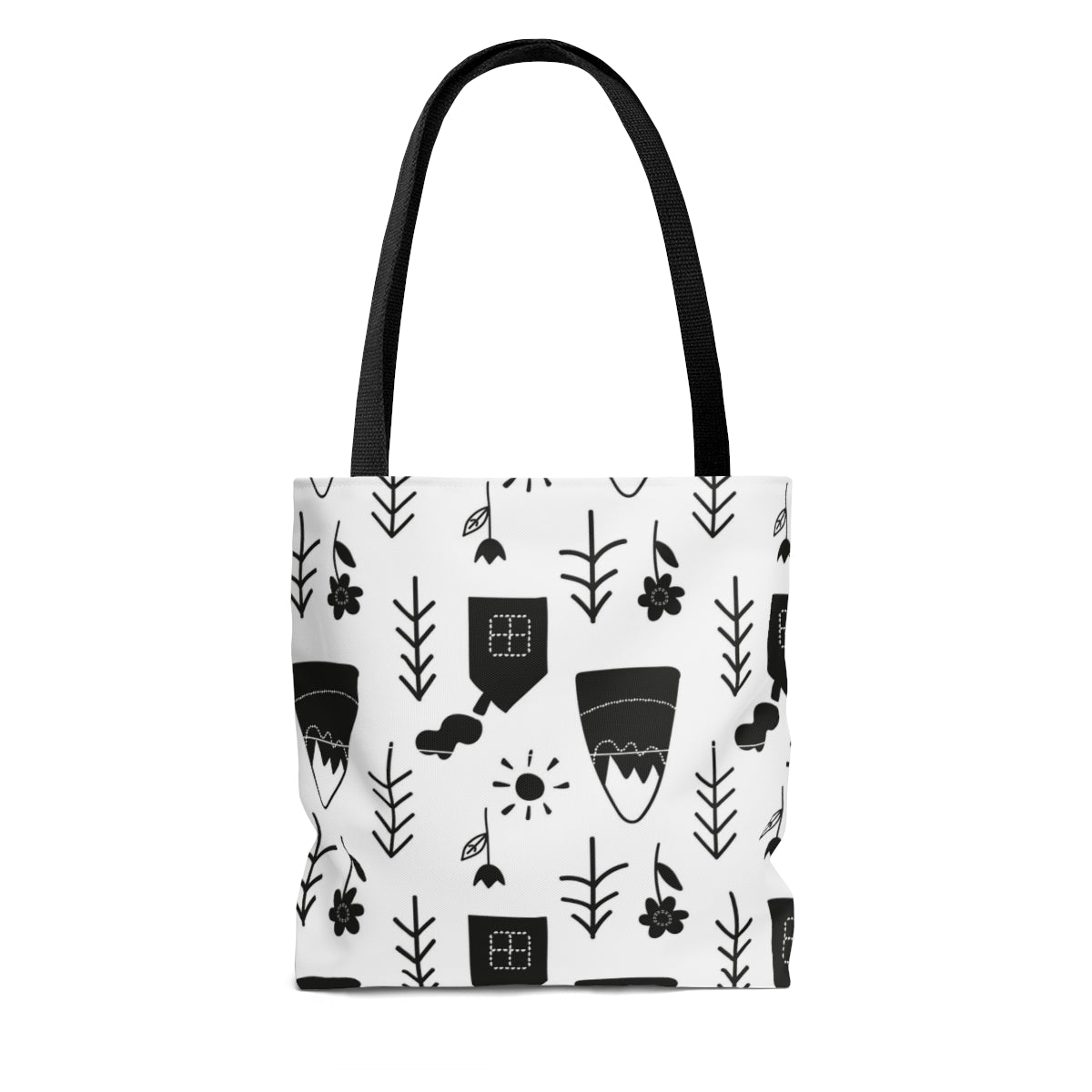 Mountains Cabins & Trees Black & White Scandi Christmas Tote Bag