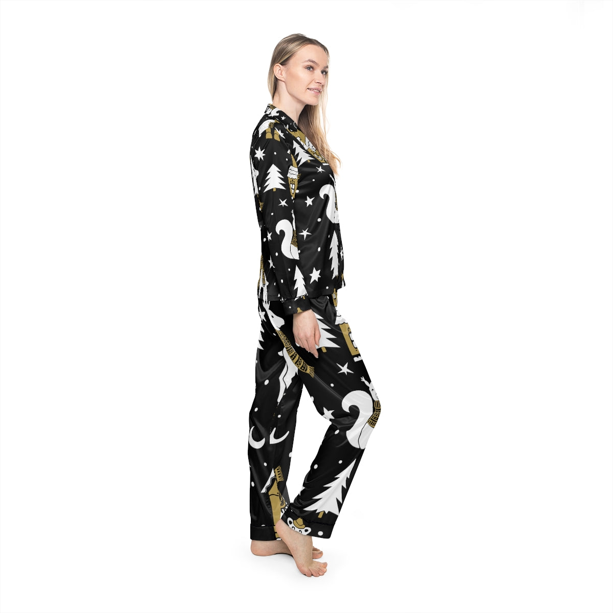 Black & Gold Christmas Women's Satin Pajamas (AOP)