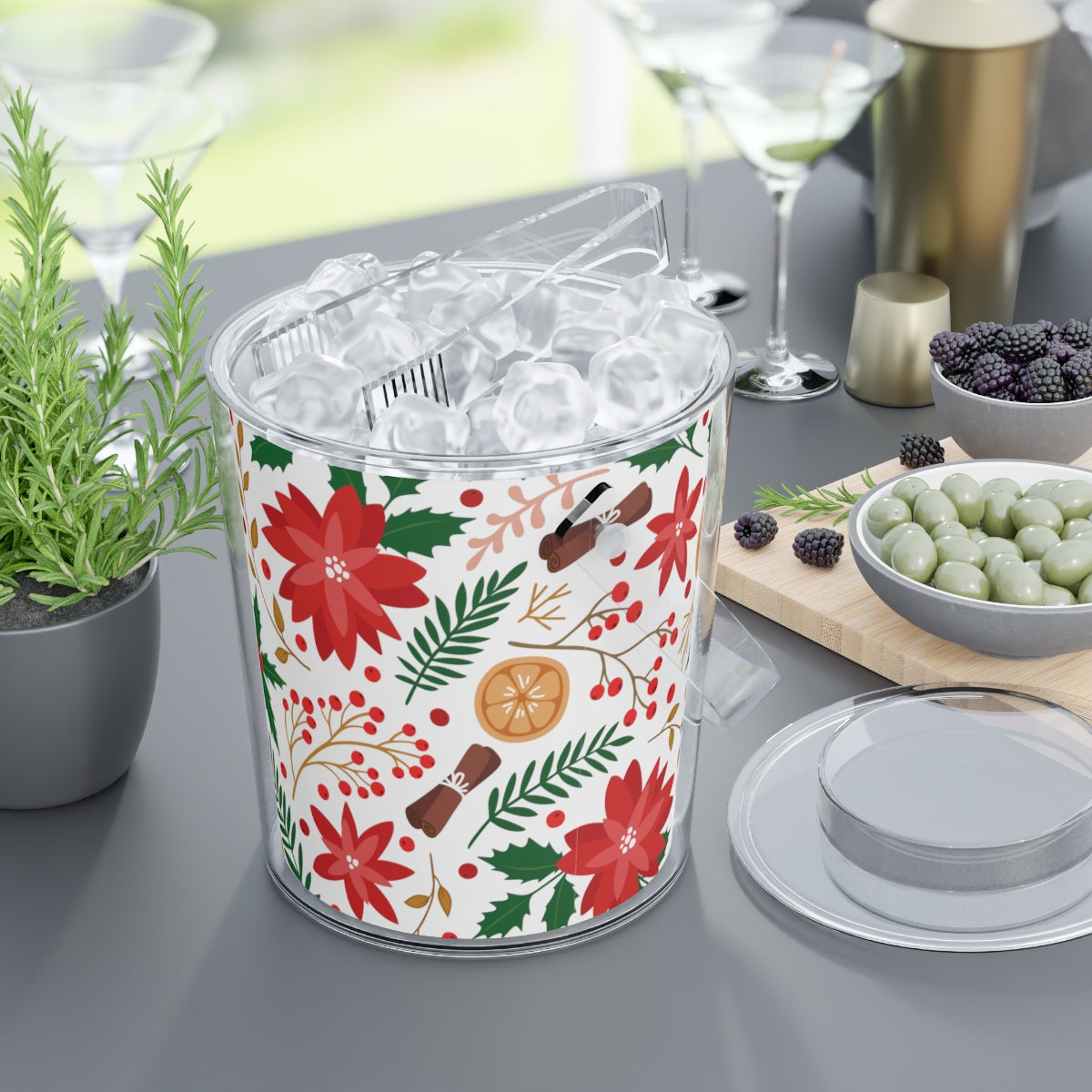 Christmas Flowers Ice Bucket with Tongs