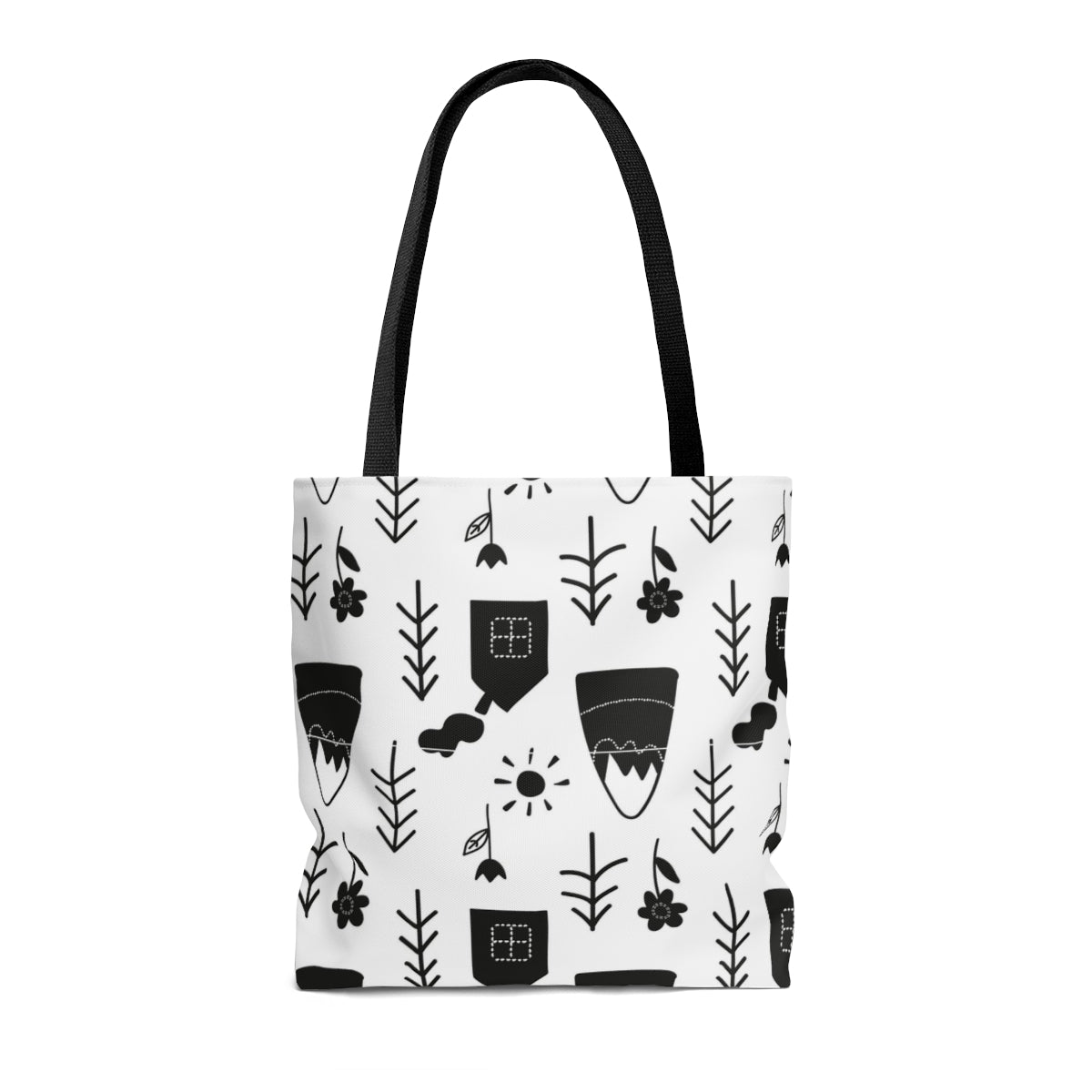 Mountains Cabins & Trees Black & White Scandi Christmas Tote Bag