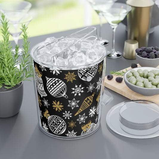 Black & Gold Christmas Ice Bucket with Tongs