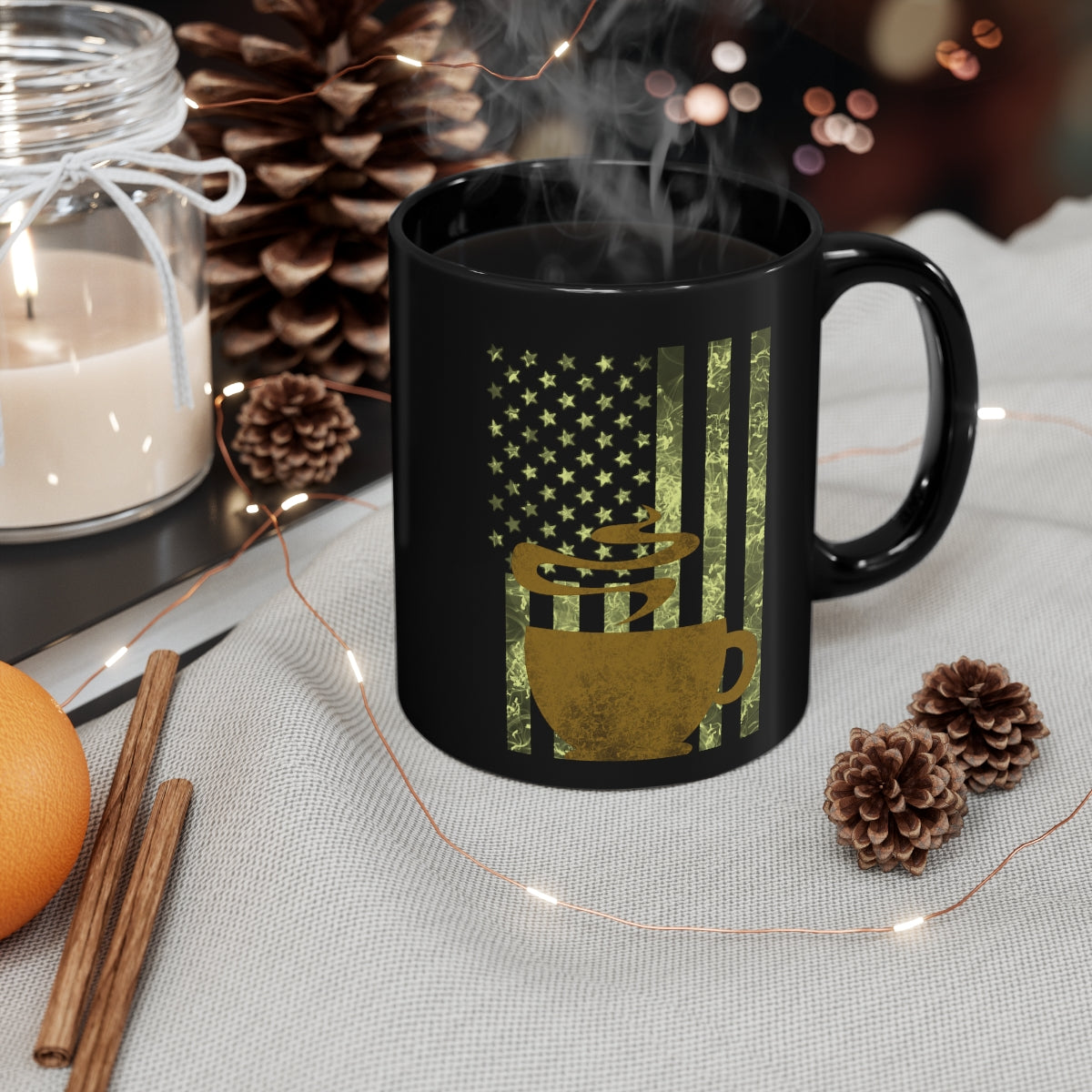 Black & Gold American Flag with Coffee Cup11oz Black Mug