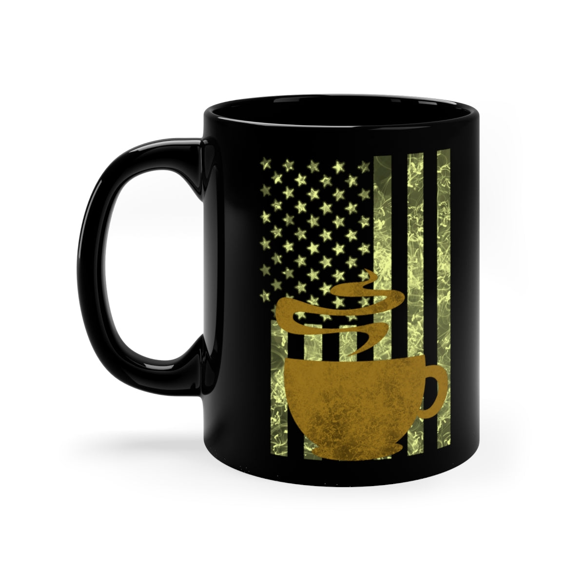 Black & Gold American Flag with Coffee Cup11oz Black Mug