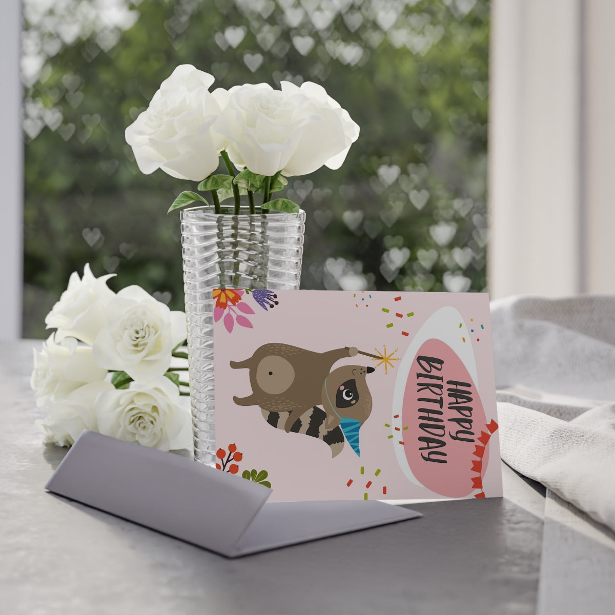 Happy Birthday Racoon with Sparkles & Flowers Card