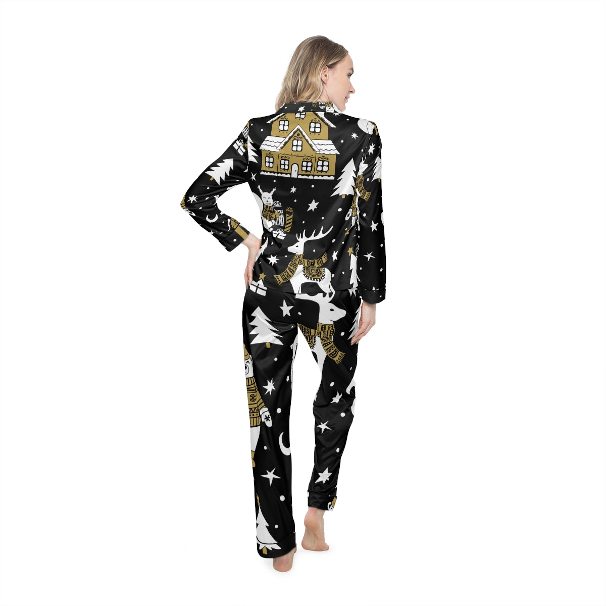 Black & Gold Christmas Women's Satin Pajamas (AOP)