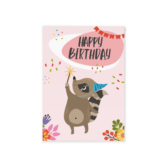 Happy Birthday Racoon with Sparkles & Flowers Card