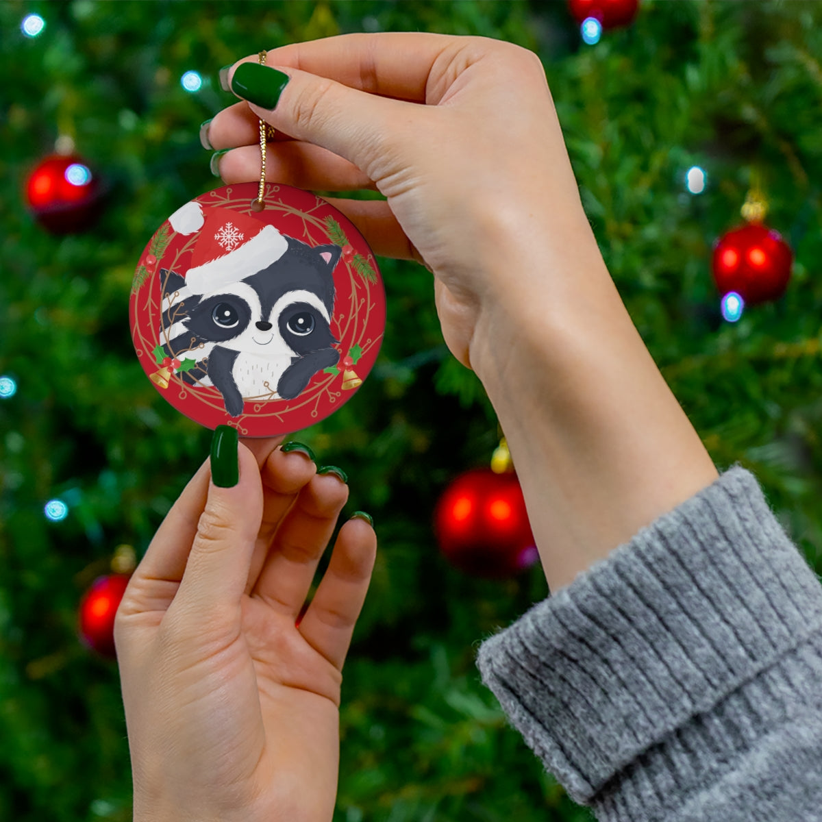 Cute Christmas Racoon Ceramic Ornament, 1-Pack