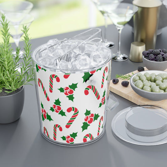 Candy Cane & Holly Christmas Ice Bucket with Tongs