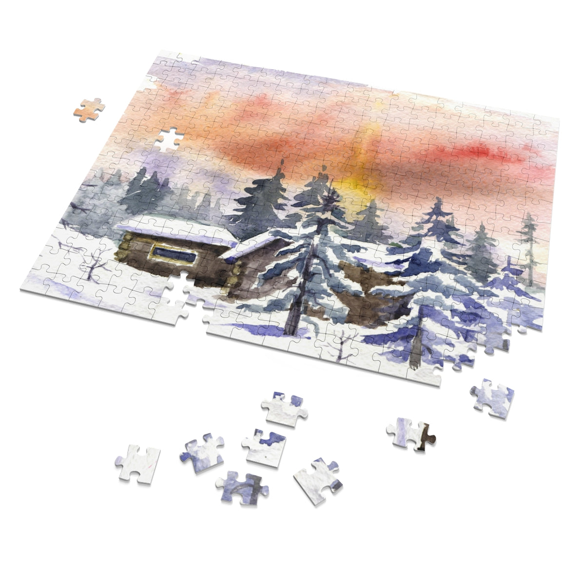 Winter Cabin with Snow Capped Pines Jigsaw Puzzle (30, 110, 252, 500,1000-Piece)