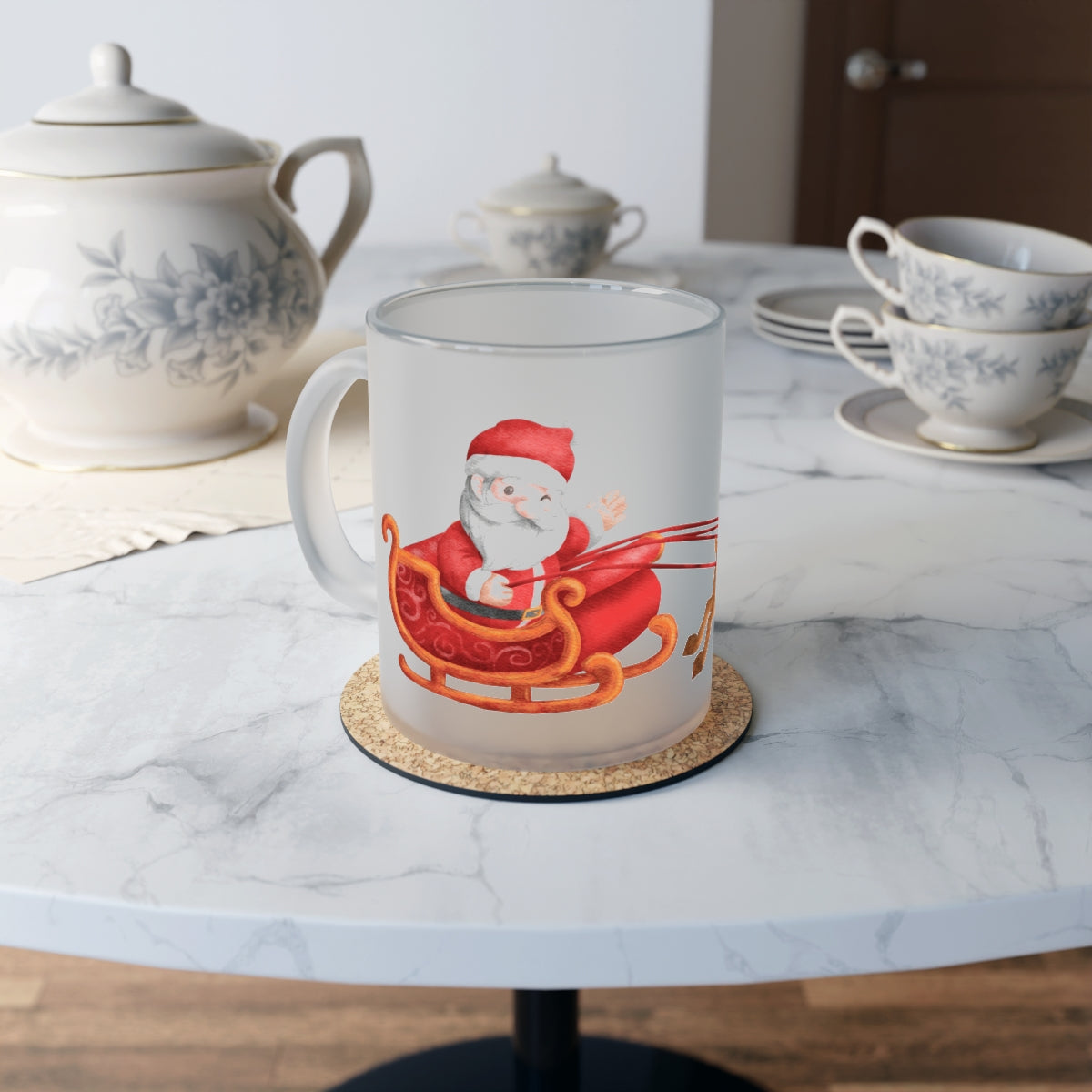 Santa Sleigh & Reindeer Frosted Glass Mug