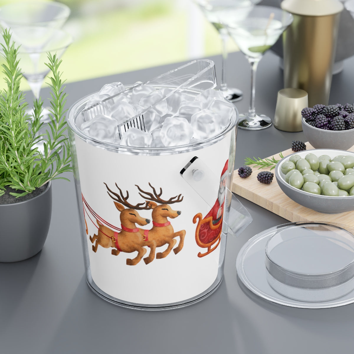 Santa Sleigh & Reindeer Christmas Ice Bucket with Tongs