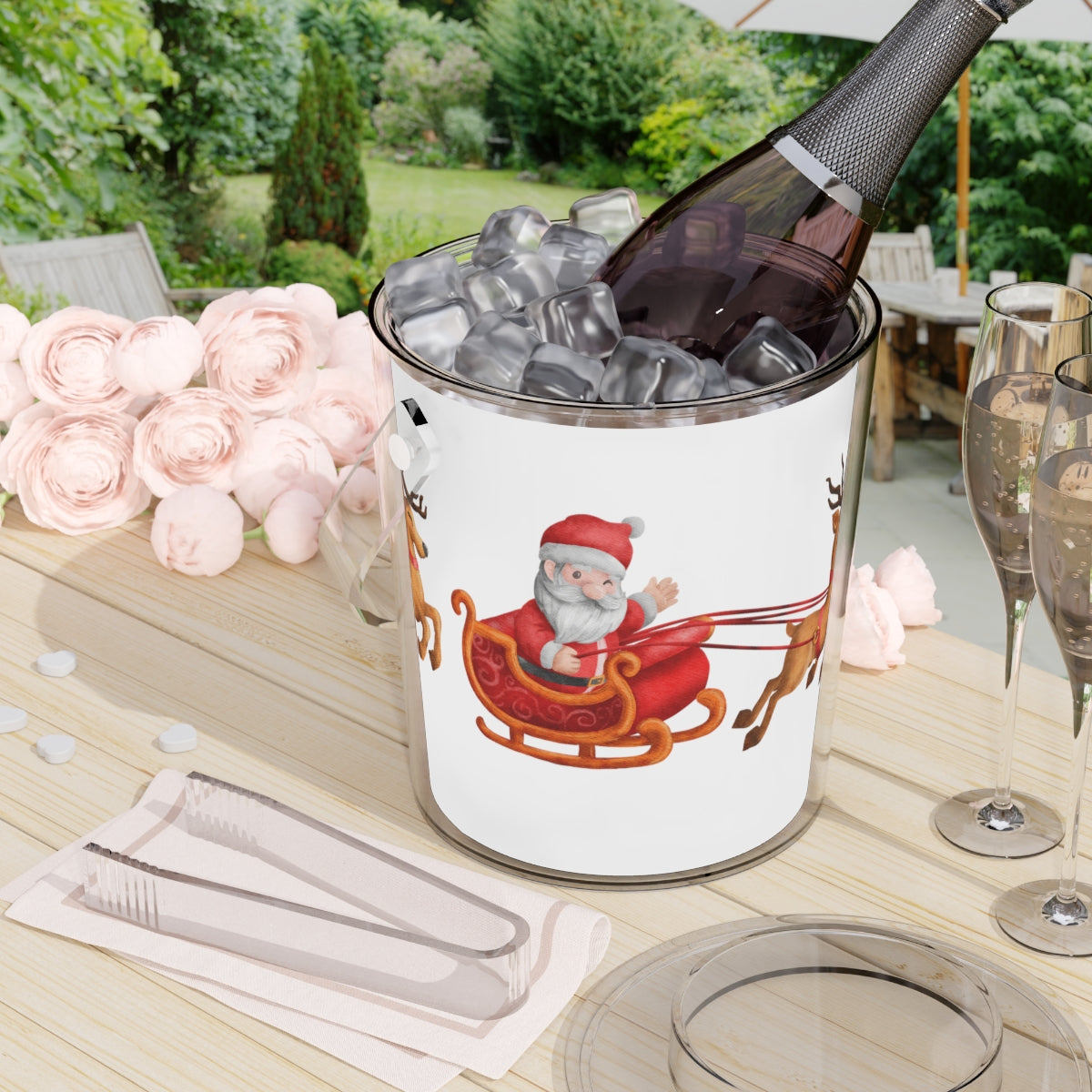 Santa Sleigh & Reindeer Christmas Ice Bucket with Tongs