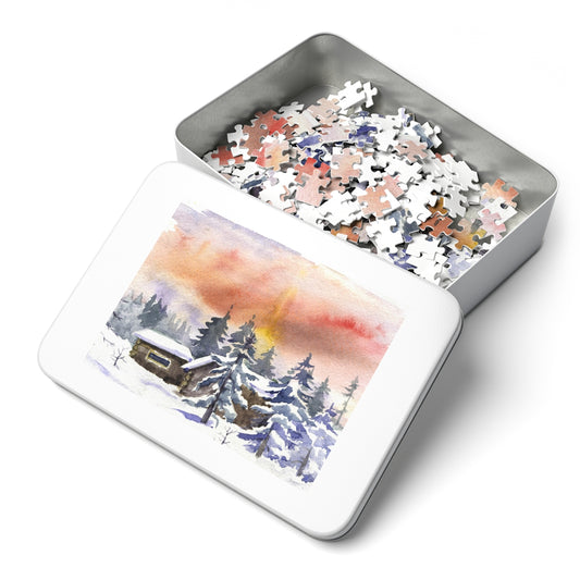 Winter Cabin with Snow Capped Pines Jigsaw Puzzle (30, 110, 252, 500,1000-Piece)