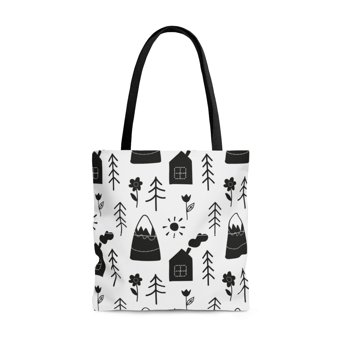 Mountains Cabins & Trees Black & White Scandi Christmas Tote Bag