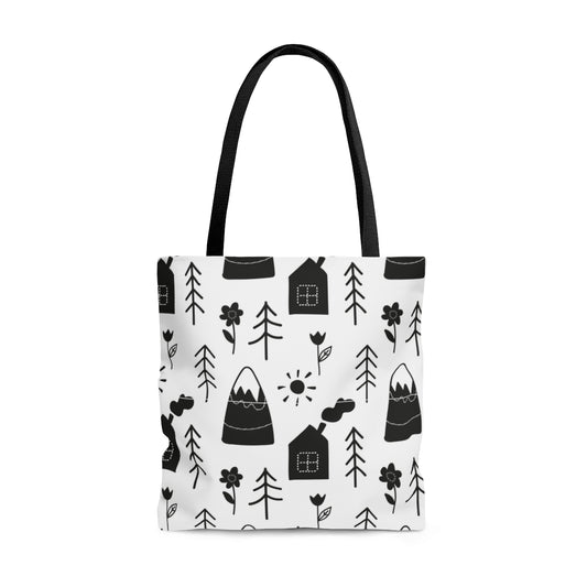 Mountains Cabins & Trees Black & White Scandi Christmas Tote Bag
