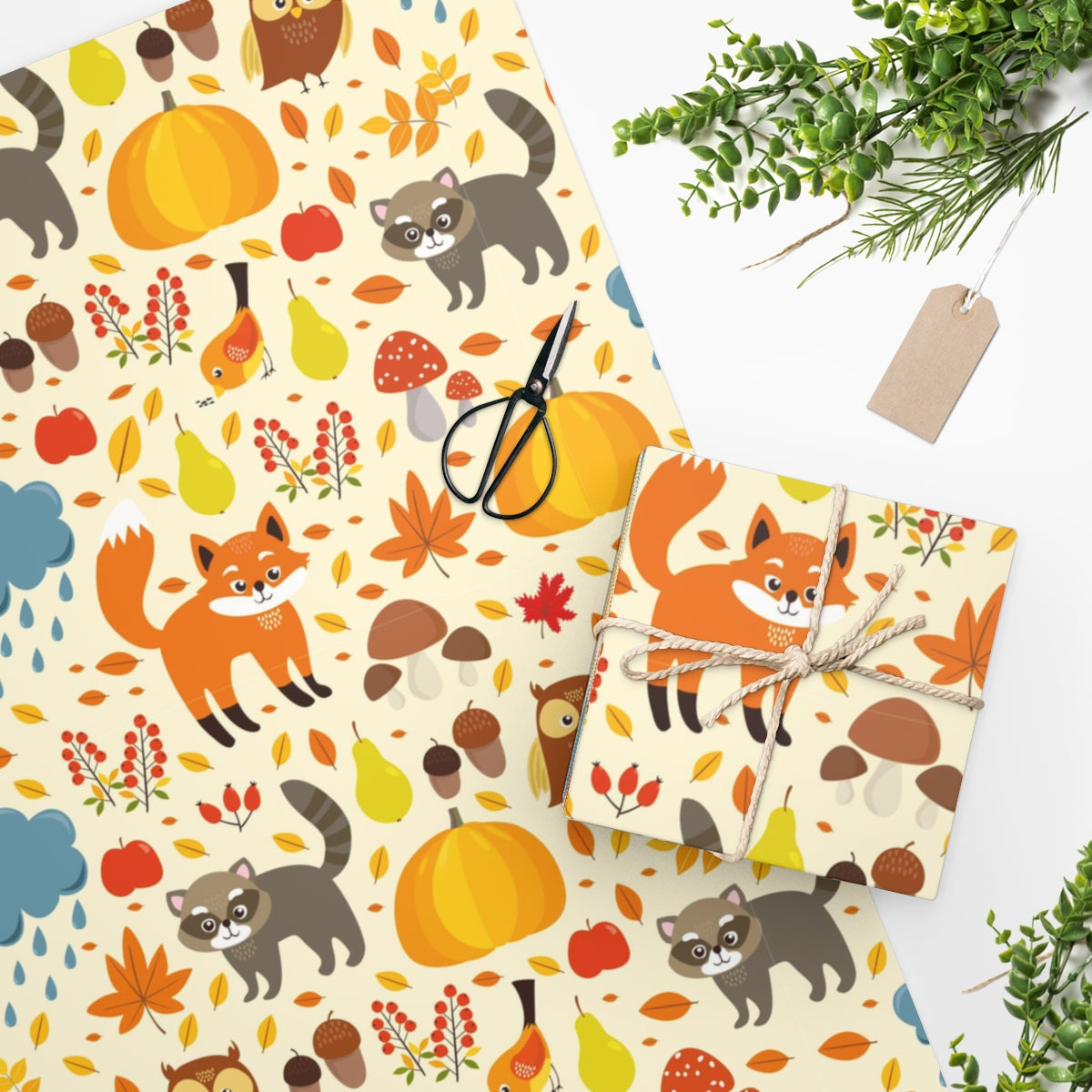 Animals, Pumpkins & Clouds Happy Birthday Wrapping Paper