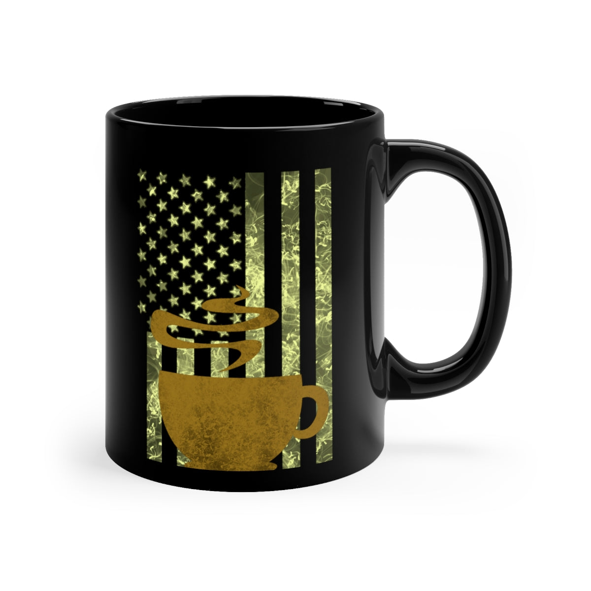 Black & Gold American Flag with Coffee Cup11oz Black Mug