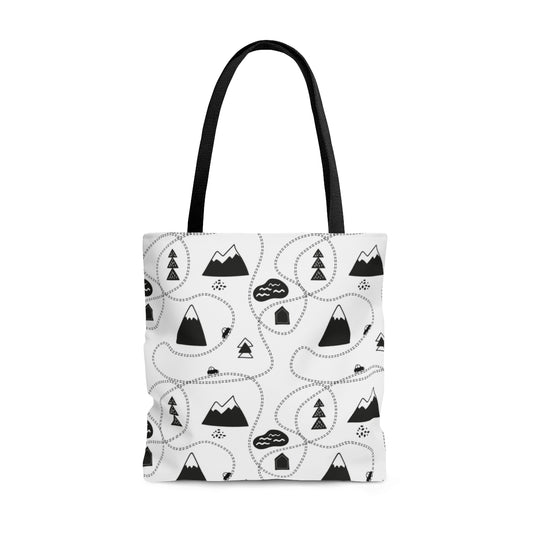 Scandi Black & White Peaks & Trees Christmas Tote Bag