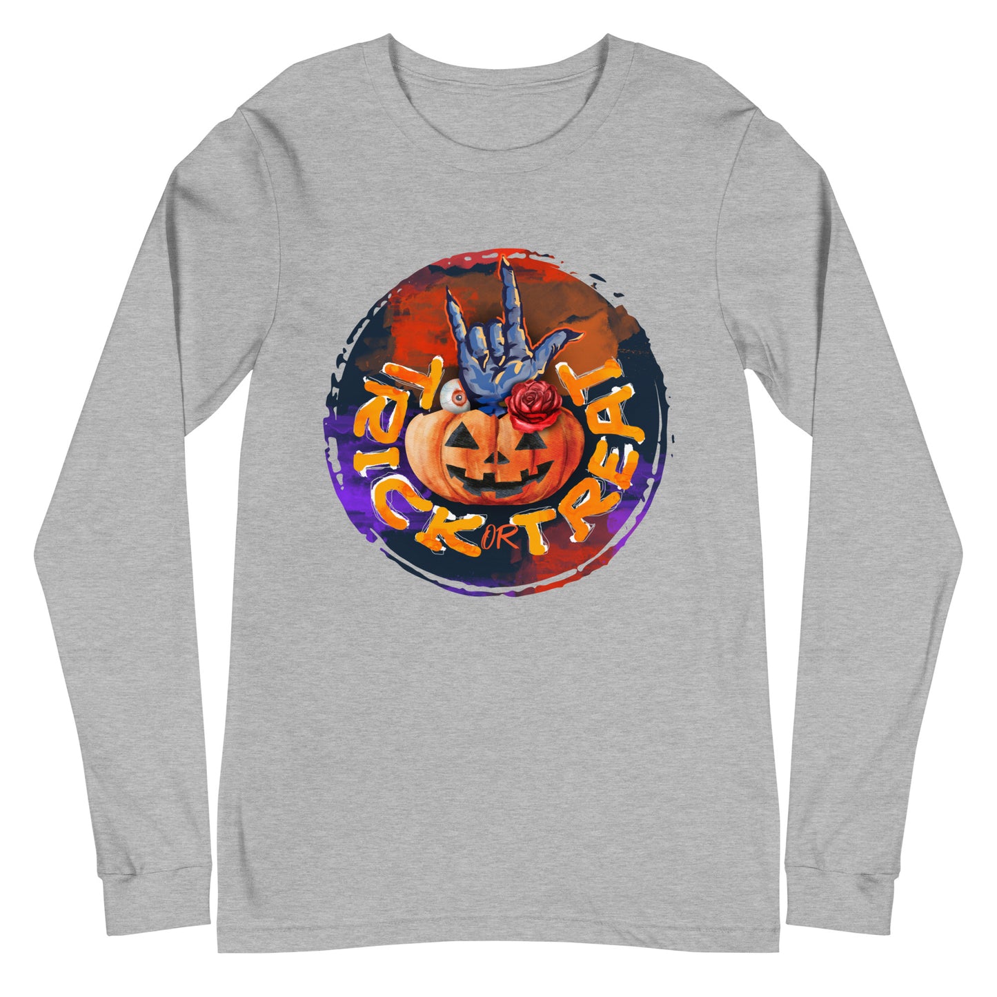 Trick or Treat Retro Design Halloween Pumpkin with Hand Unisex Long Sleeve Tee