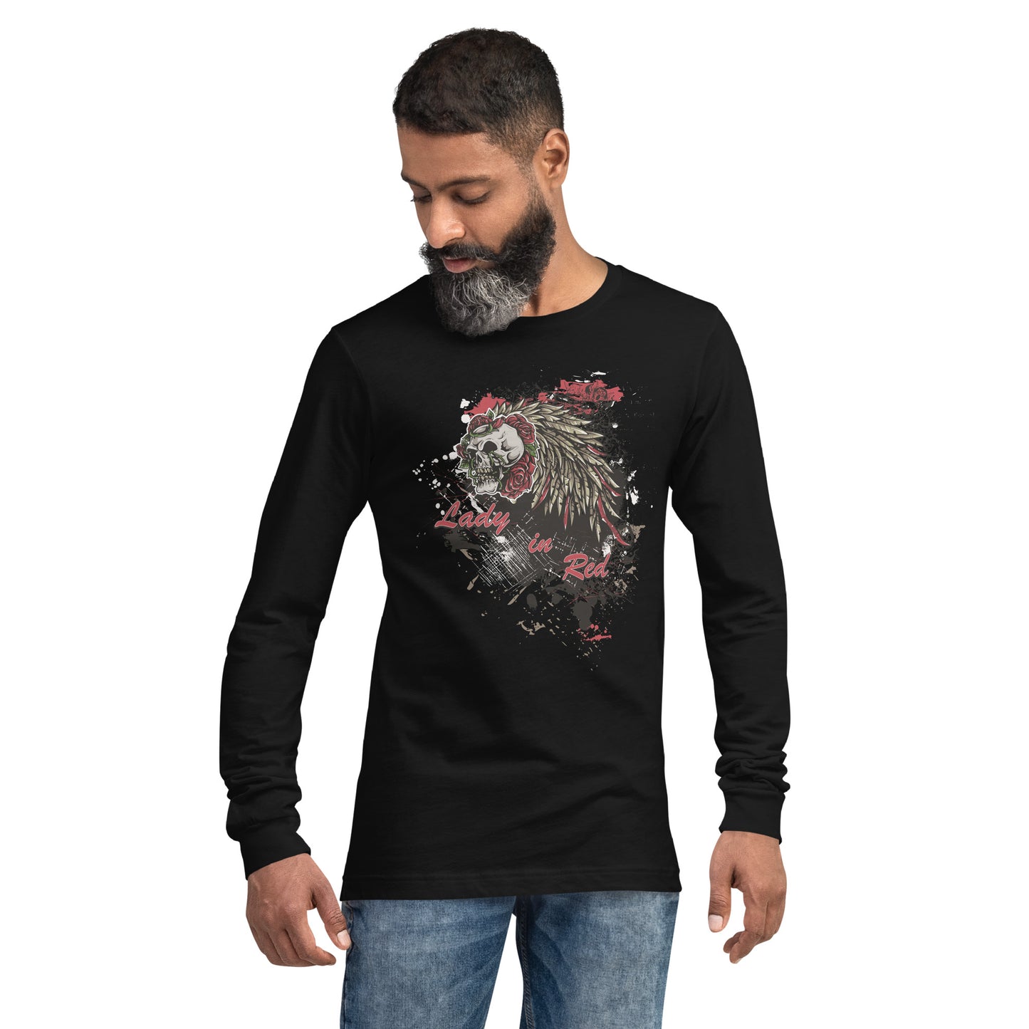 Lady In Red Skull with Feathers & Roses Heavy Grunge Unisex Long Sleeve Tee