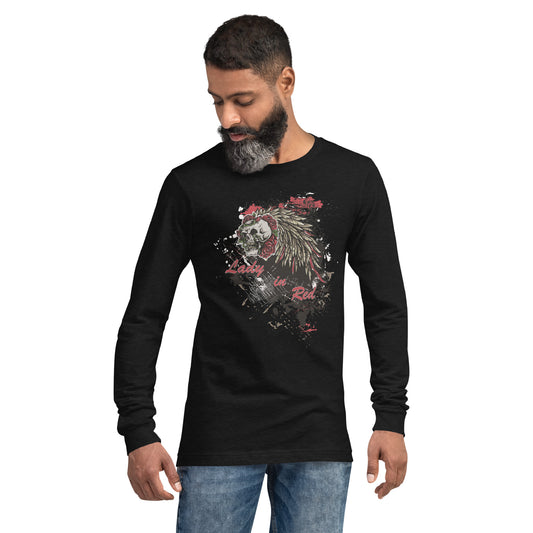 Lady In Red Skull with Feathers & Roses Heavy Grunge Unisex Long Sleeve Tee