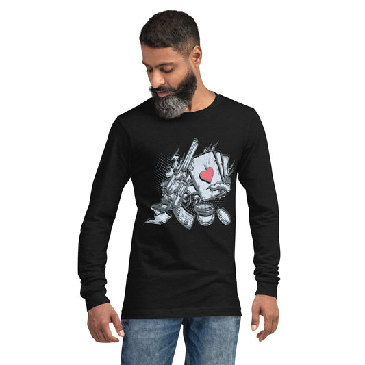 Pistol Cards and Coins Heavy Grunge Unisex Long Sleeve Tee