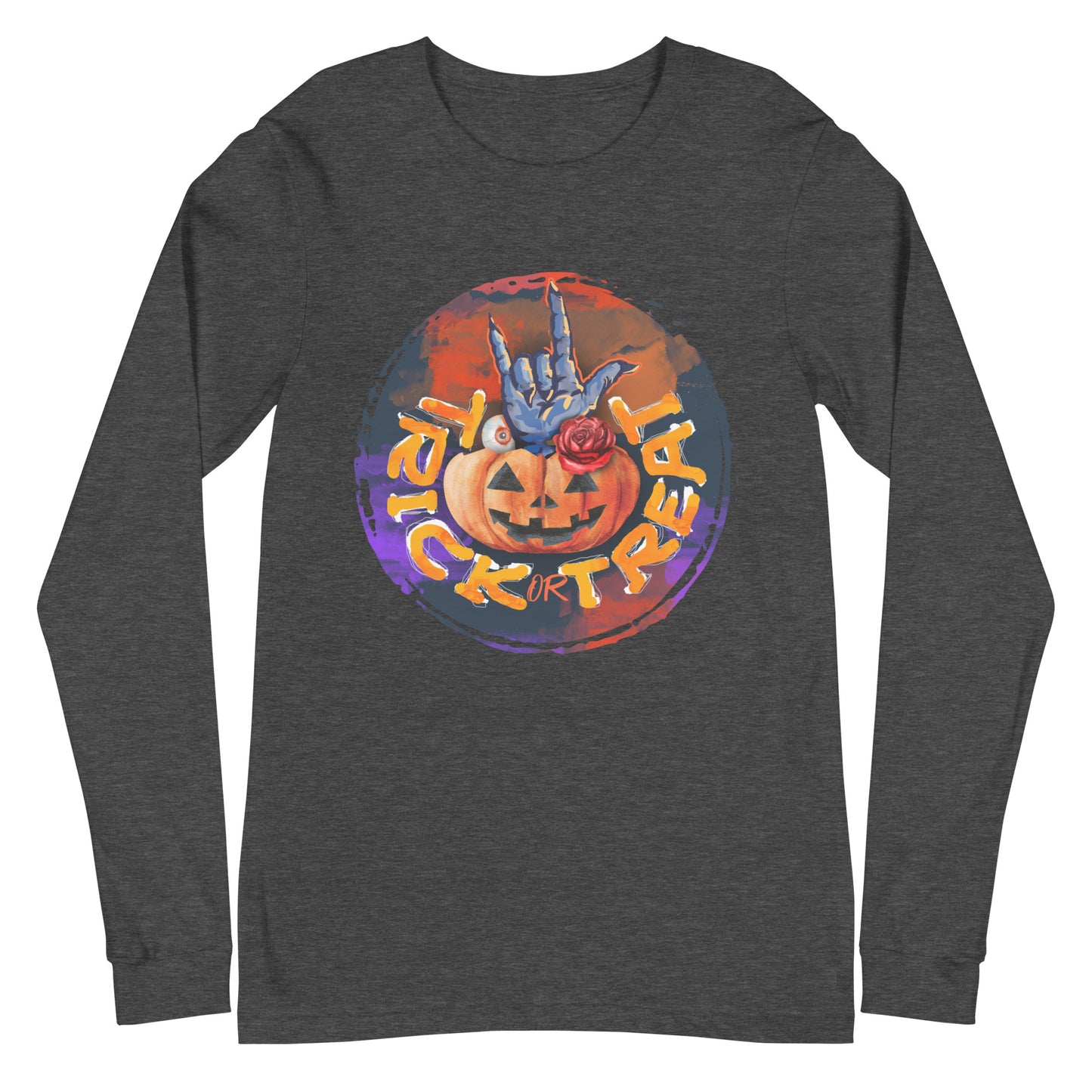 Trick or Treat Retro Design Halloween Pumpkin with Hand Unisex Long Sleeve Tee