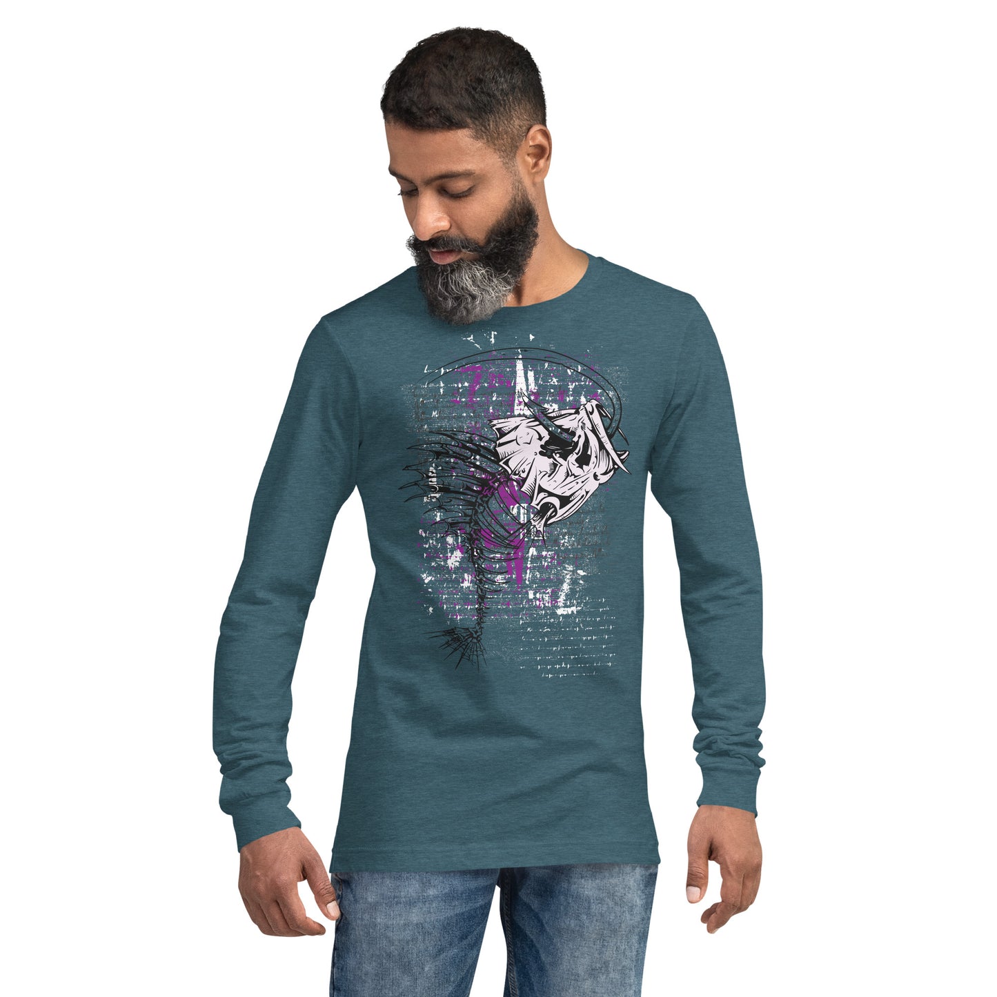 Fish Skeleton with Hook Heavy Grunge Unisex Long Sleeve Tee