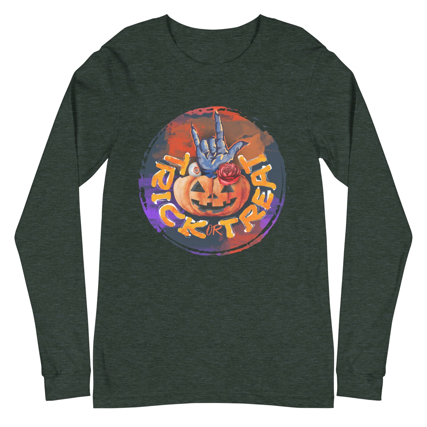 Trick or Treat Retro Design Halloween Pumpkin with Hand Unisex Long Sleeve Tee