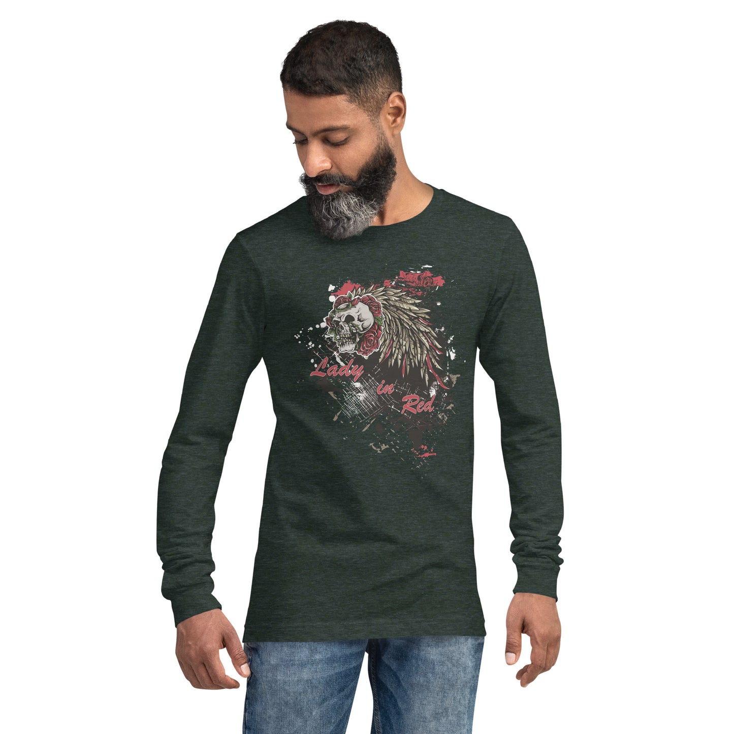 Lady In Red Skull with Feathers & Roses Heavy Grunge Unisex Long Sleeve Tee