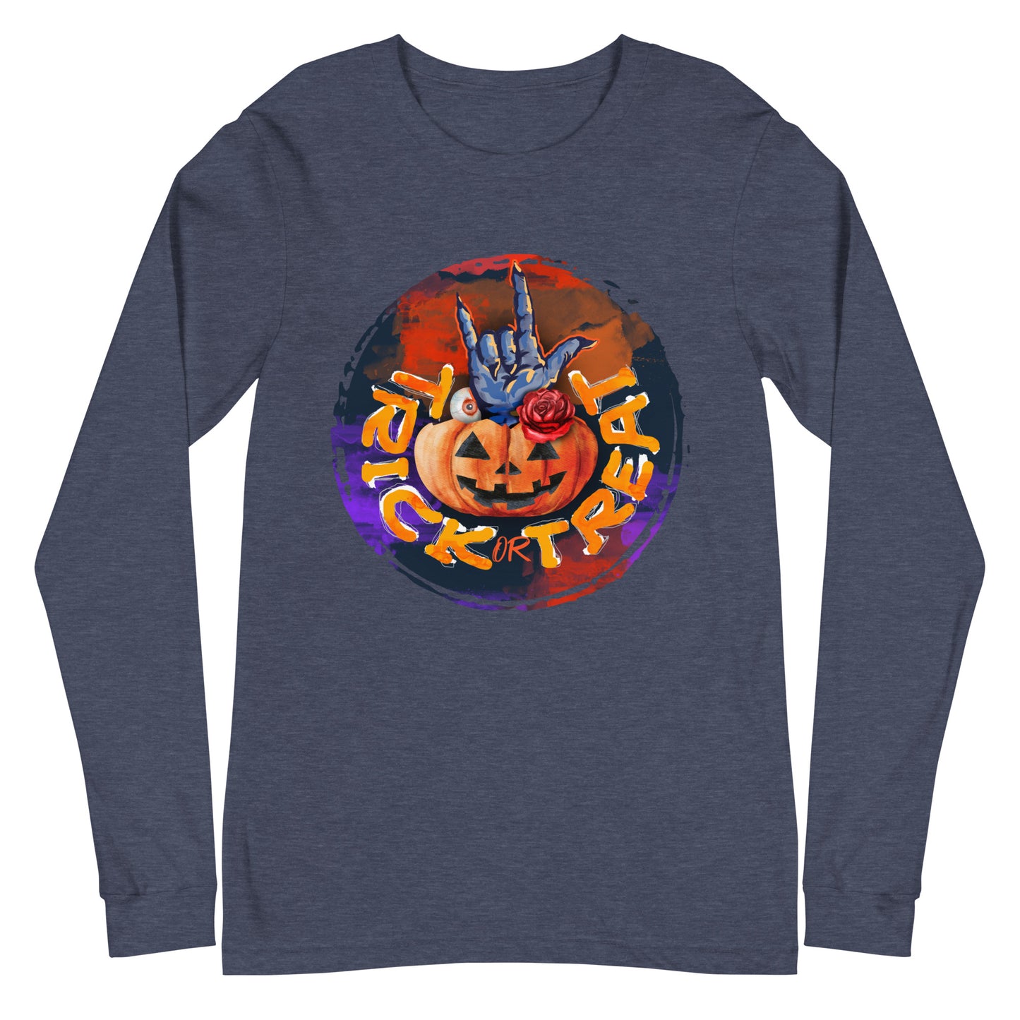 Trick or Treat Retro Design Halloween Pumpkin with Hand Unisex Long Sleeve Tee