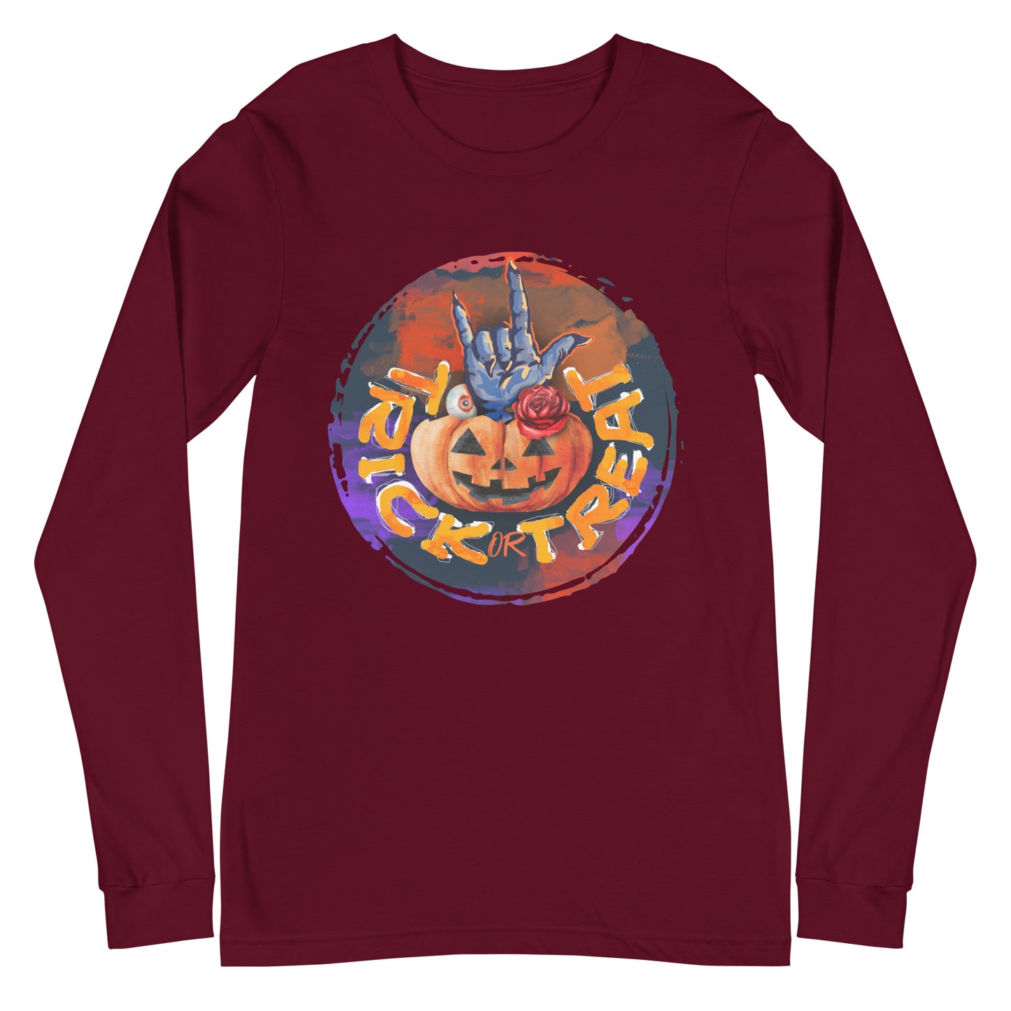 Trick or Treat Retro Design Halloween Pumpkin with Hand Unisex Long Sleeve Tee