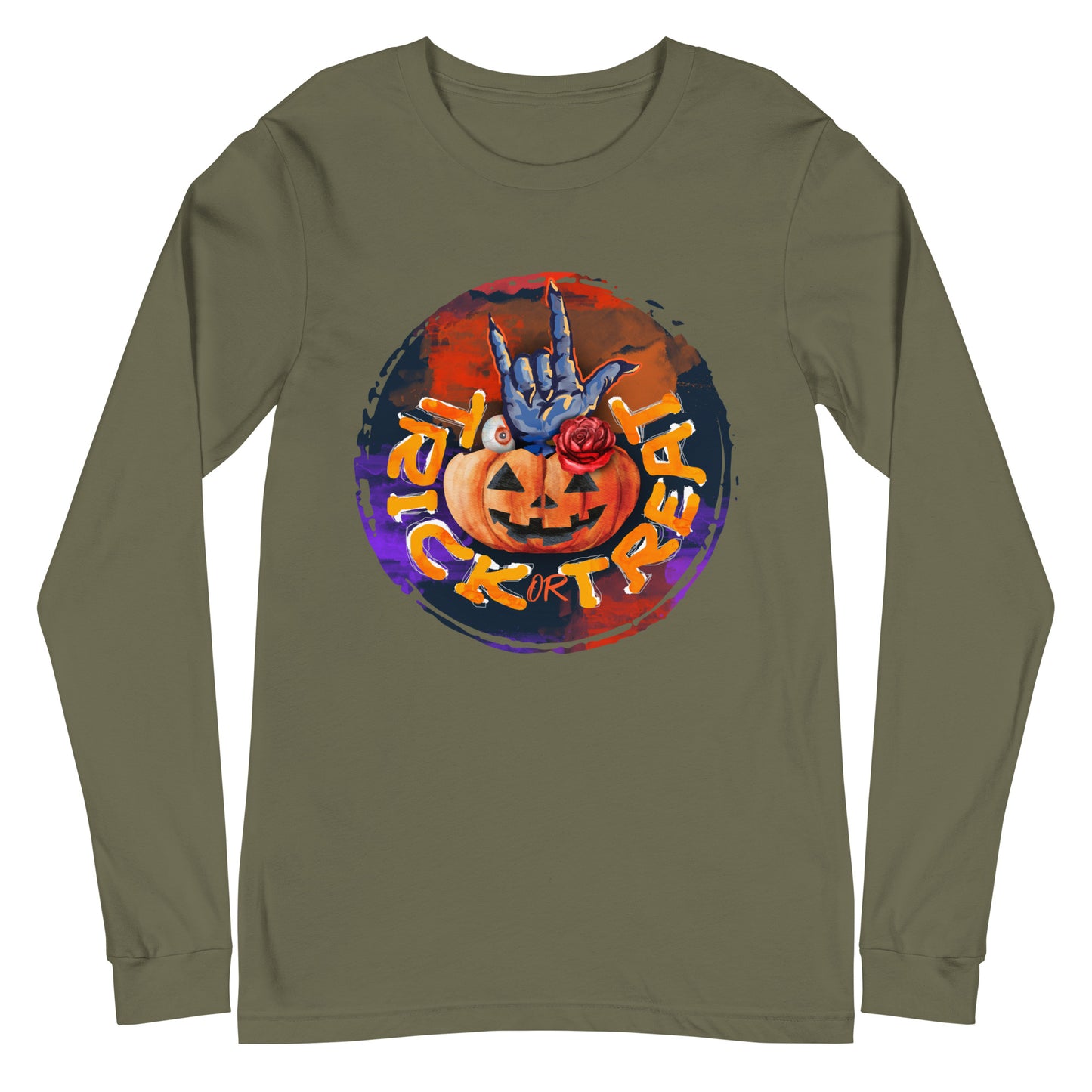 Trick or Treat Retro Design Halloween Pumpkin with Hand Unisex Long Sleeve Tee