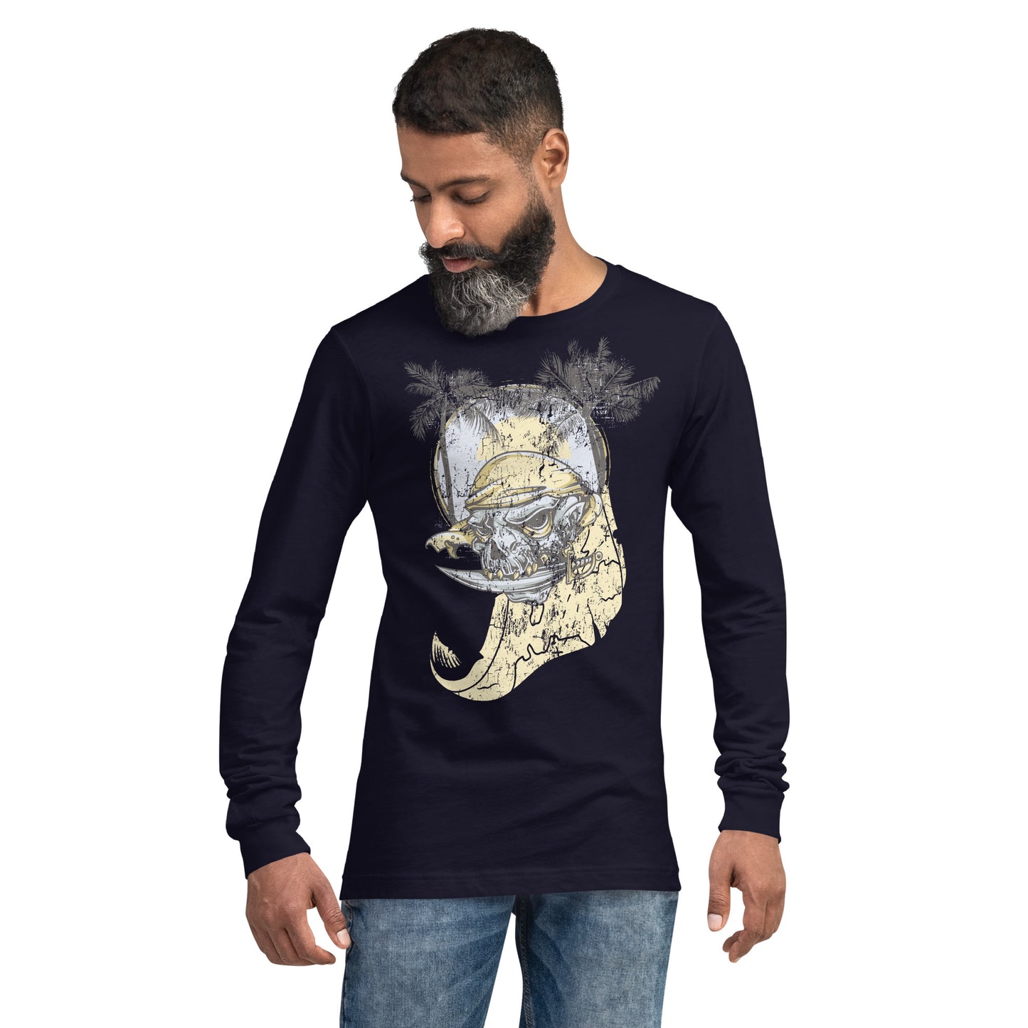 Skulled Pirate on An Island Heavy Grunge Unisex Long Sleeve Tee