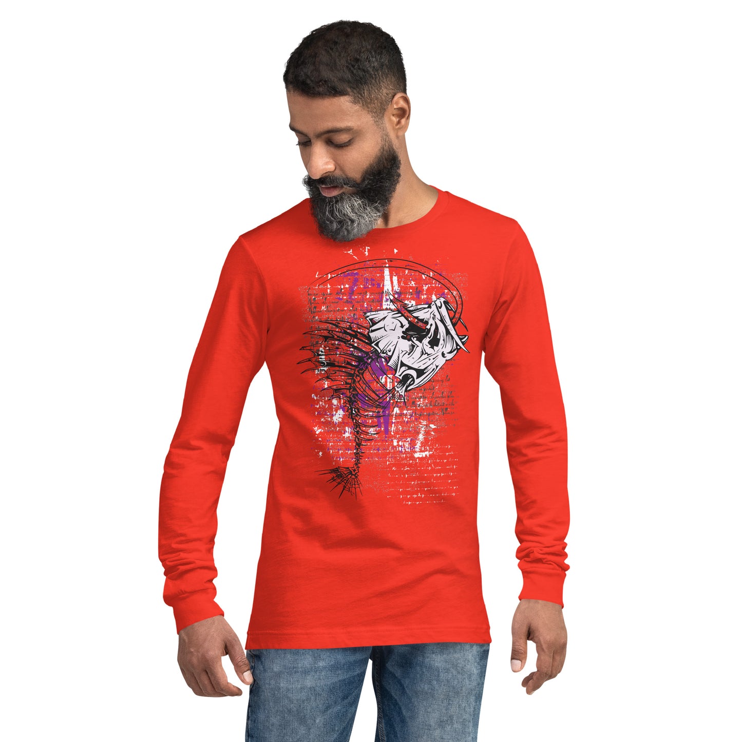 Fish Skeleton with Hook Heavy Grunge Unisex Long Sleeve Tee