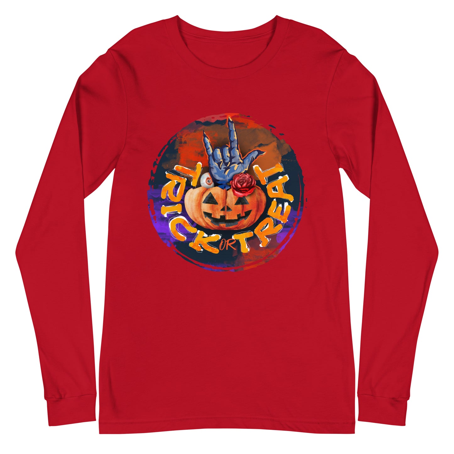 Trick or Treat Retro Design Halloween Pumpkin with Hand Unisex Long Sleeve Tee